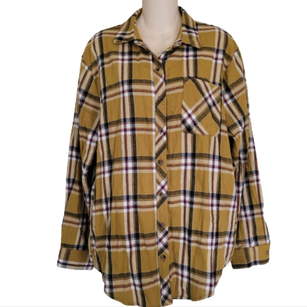 L.I.F.E Love is For Eternity Mustard Yellow Plaid Button Down Shirt Size Women M